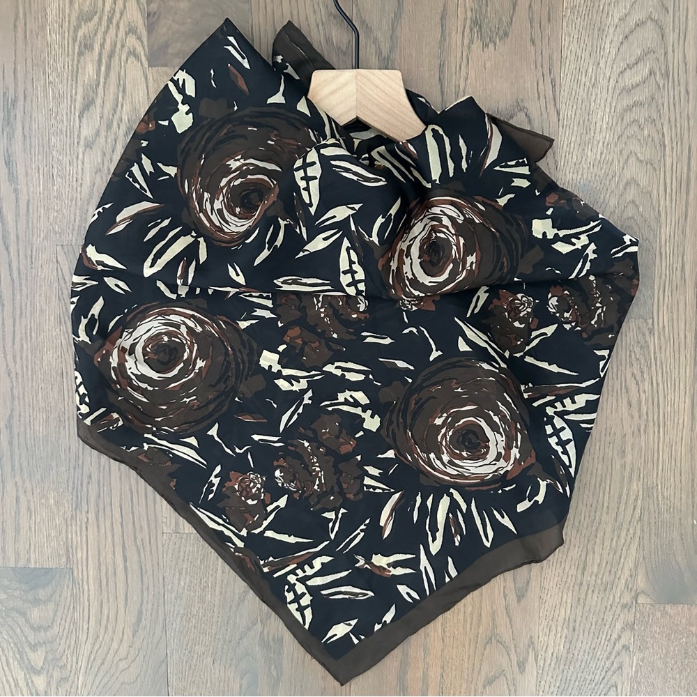 Lisa Corti Floral Abstract Printed 100% Silk Scarf Brown, Black, Cream 32.5"x34"
